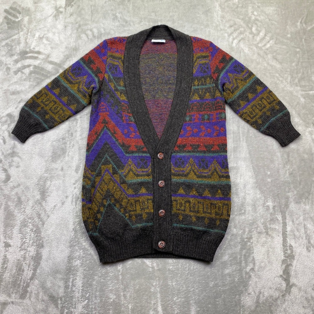 VTG EPISODE‎ Geometric Pattern Knit Cardigan Sweater L/S Buttons Dark Gray Sz S